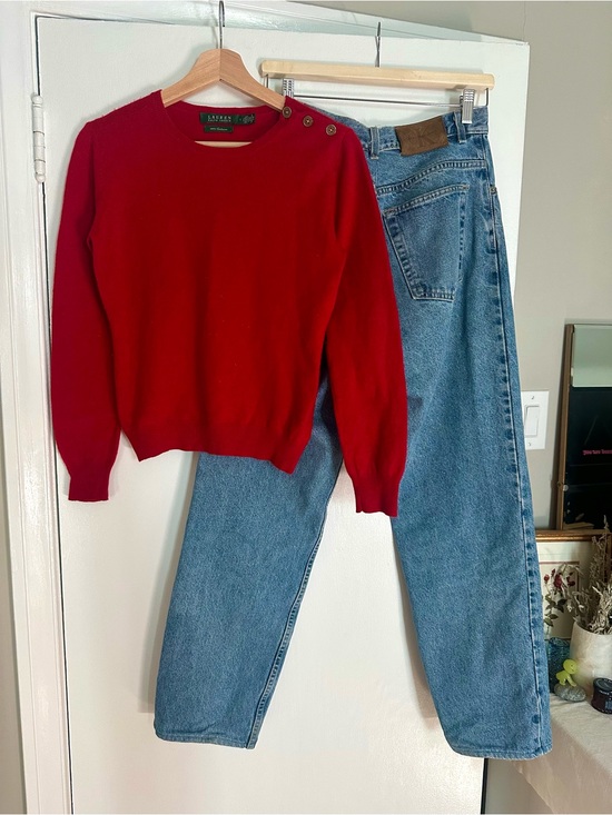 Ralph Lauren Sweaters - Vintage Lauren Ralph Lauren Red Button-Shoulder Crewneck Sweater